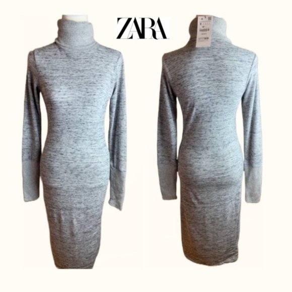 NWT ZARA Women MIDI Turtleneck Knit Pullover Dress in Heather Grey - Picture 1 of 11